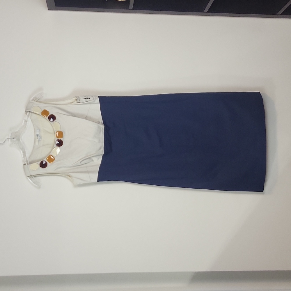 BODEN Navy Cream Sheath Long Length Midi Dress with Large Beaded Neckline (Tall)